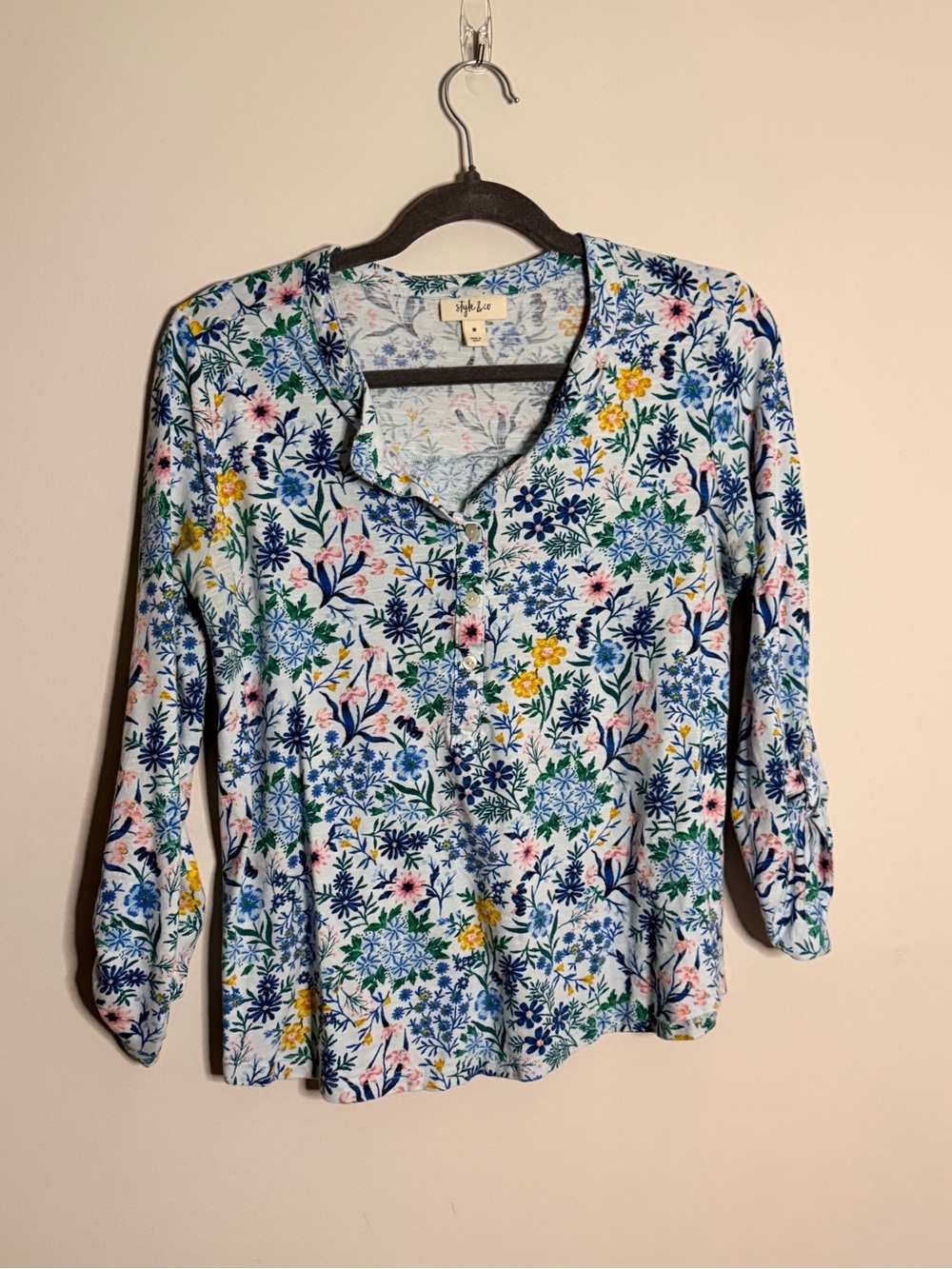 Style & Co. Blue Multi Floral Henley Blouse